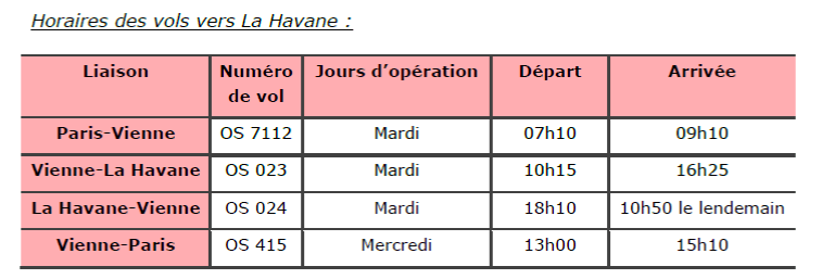 horaires vols la havane austrian