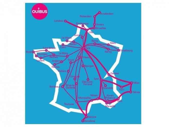 Carte des liaisons OUIBUS proposées à terme par la filiale de la SNCF. liaisons ouibus